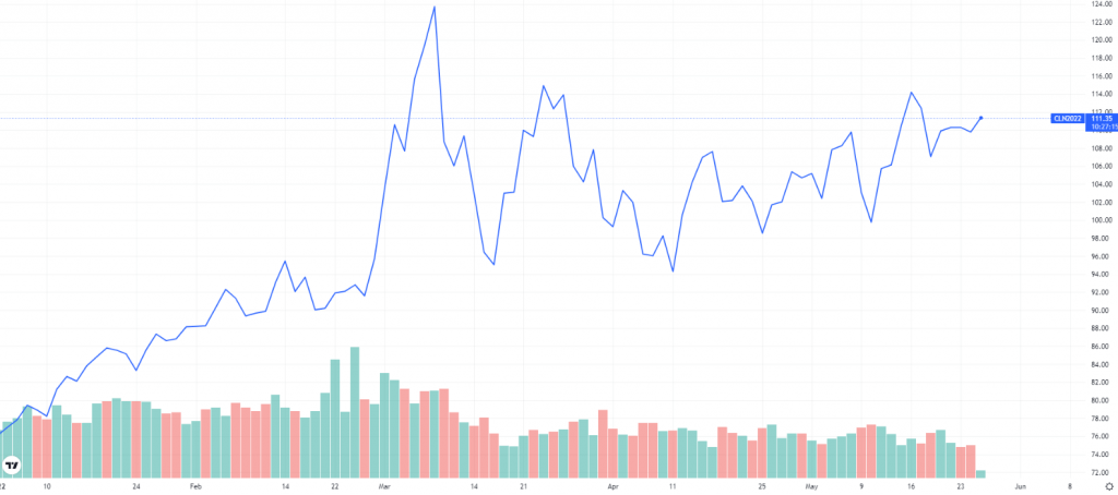 Raakaöljyn hinnan kehitys vuonna 2022.