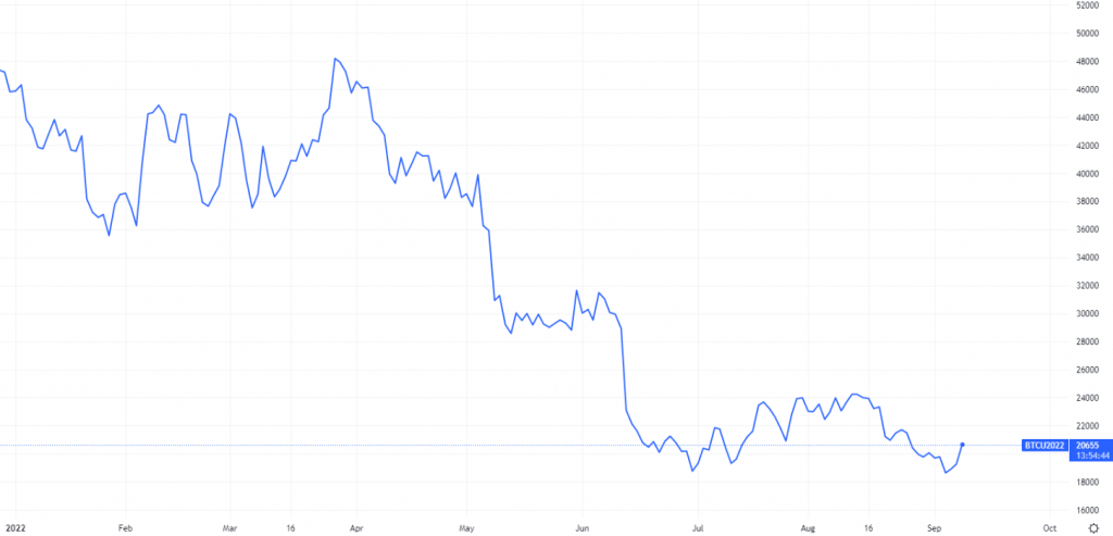 Kryptovaluutoihin hajauttaminen; Bitcoinin kurssi kuluvana vuonna.