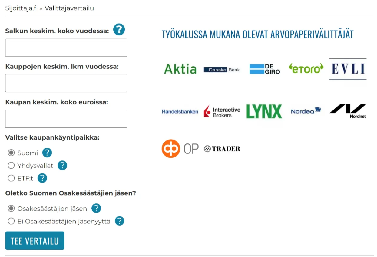 Välittäjävertailu 2023. Välittäjävertailu-laskuri laskee oman kaupankäyntisi perusteella arvion vuosittaisista kuluistasi kunkin välittäjän hinnastolla.