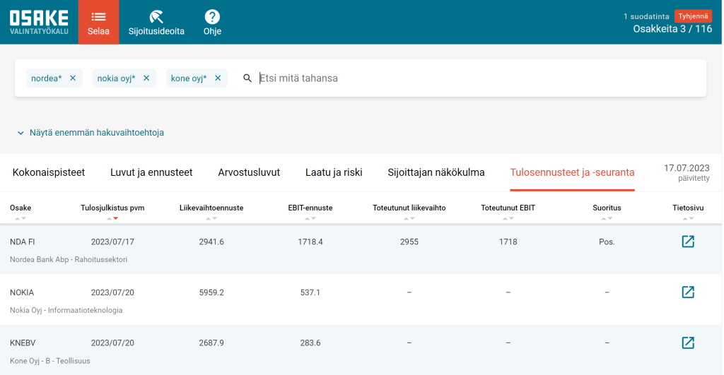 Nordean, Nokian ja KONEen tulosennusteet vuoden toiselle kvartaalille.