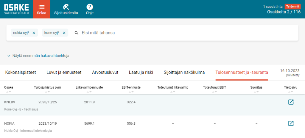 Nokian ja KONEen tulosennusteet vuoden kolmannelle kvartaalille.